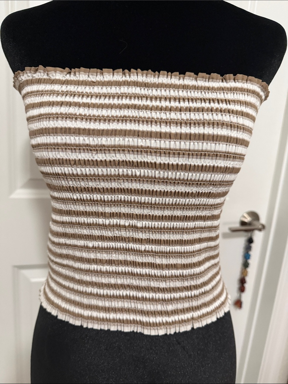 Christian Lacroix Beige & White Striped Smocked Strapless Crop Top
